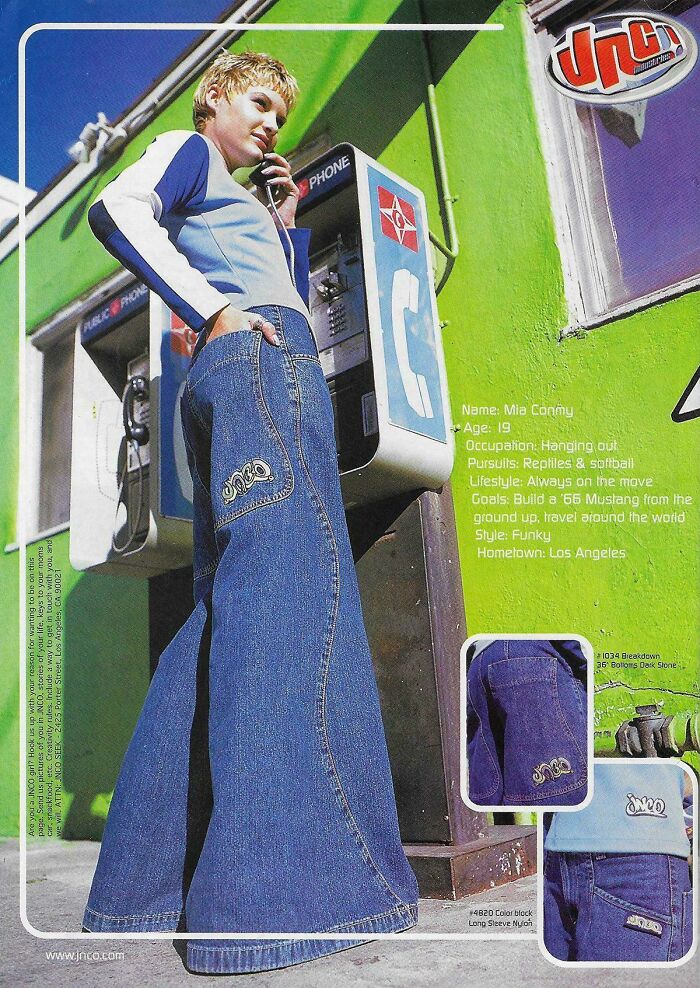 Young woman in vintage wide-leg jeans using a public phone, showcasing 1970s fashion in a retro women’s ad.