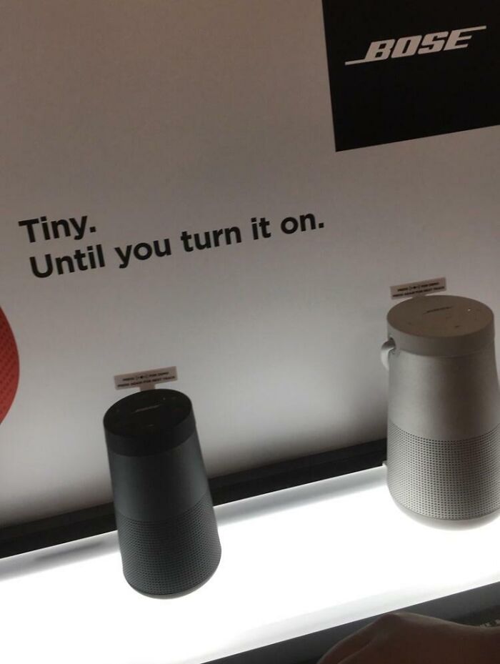 Bose speaker print advertisement using humor and creativity to highlight product size and features.