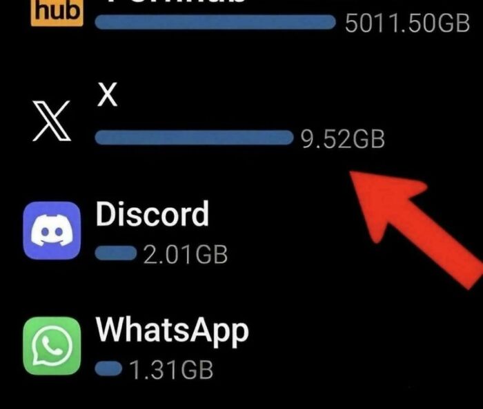 Storage usage comparison showing X app using 9.52GB, Discord 2.01GB, WhatsApp 1.31GB in unhinged images surprise context.