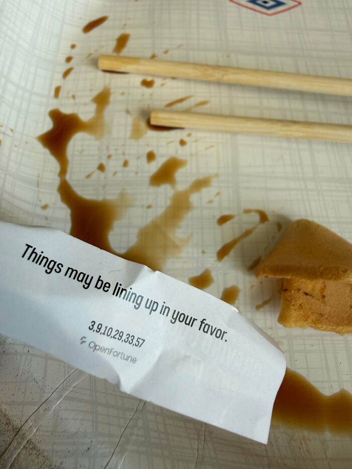 Fortune cookie message on a plate with spilled sauce and chopsticks, showing an unhinged moment caught off guard.