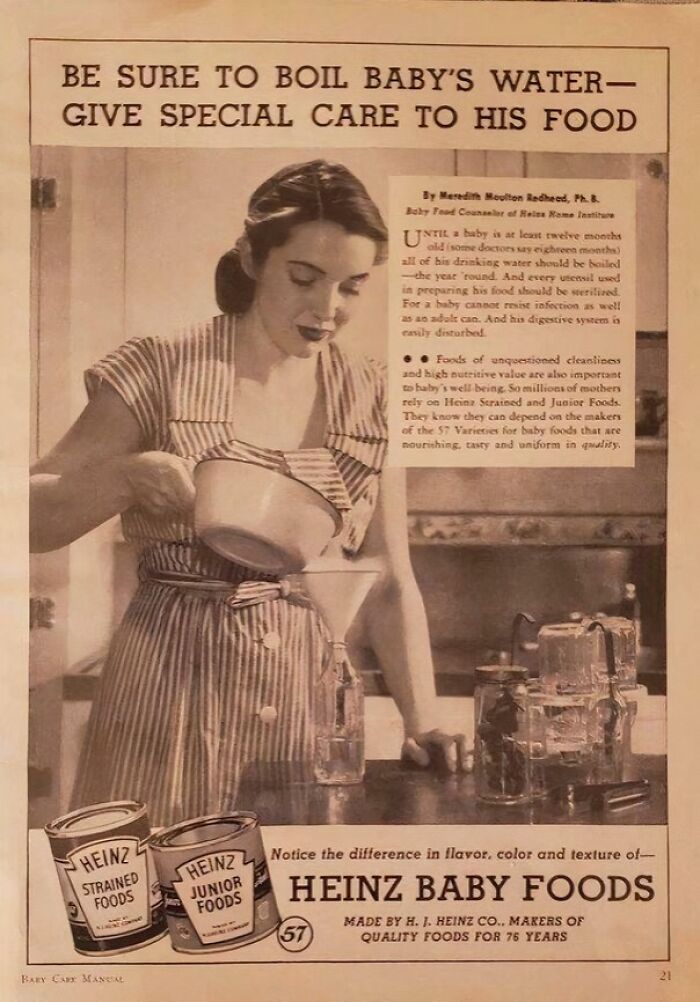 Vintage women’s ad showing a woman preparing baby food with Heinz products, reflecting different societal rules.