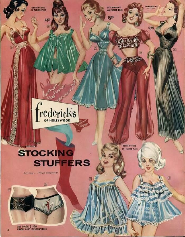 Vintage women’s ads featuring illustrated models in 1950s lingerie and nightwear reflecting different societal fashion rules.
