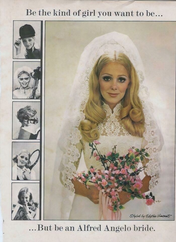 Vintage women’s ad featuring a bride in lace holding pink flowers, illustrating societal roles in past advertising.