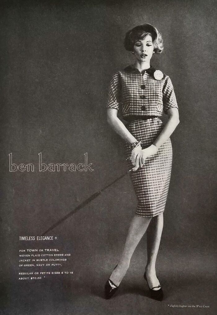 Vintage women’s ad showing a model in a plaid dress and jacket, highlighting fashion and style from past decades.