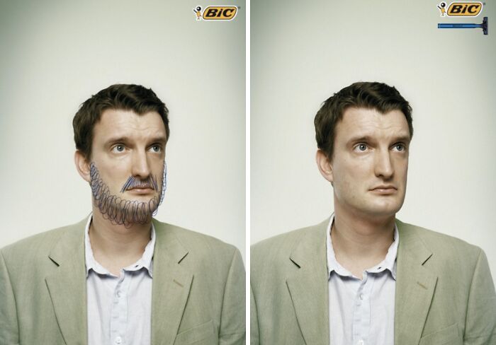 Man with cartoon beard drawn on face next to clean-shaven man holding a razor, creative print advertisement humor.