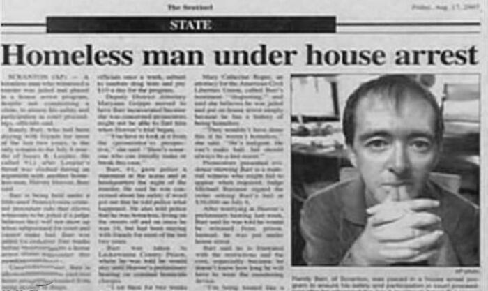 Newspaper article featuring a homeless man under house arrest, showcasing unhinged images that caught people off-guard.
