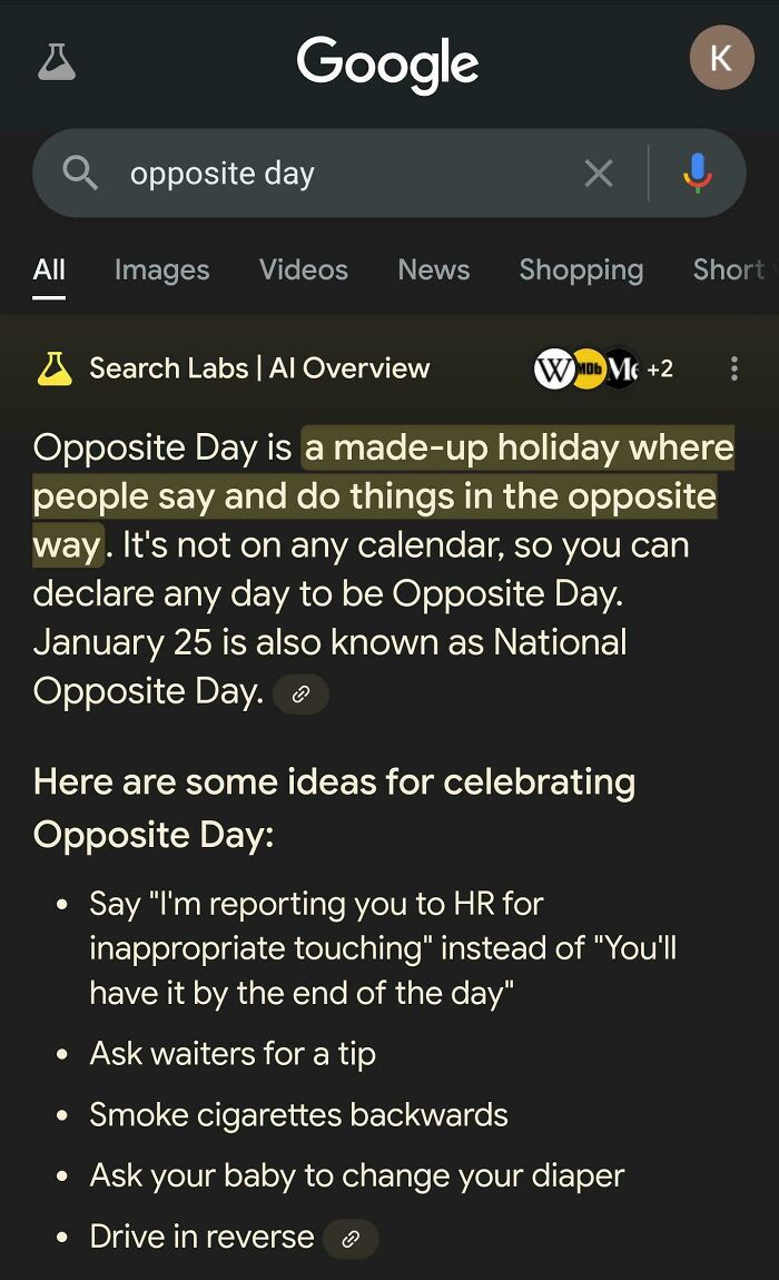 Google search results explaining opposite day as a made-up holiday with ideas for celebrating unhinged opposite day actions.