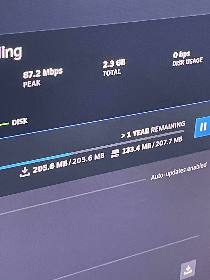 Download screen showing data transfer progress with peak speed, total usage, and time remaining on a digital device.