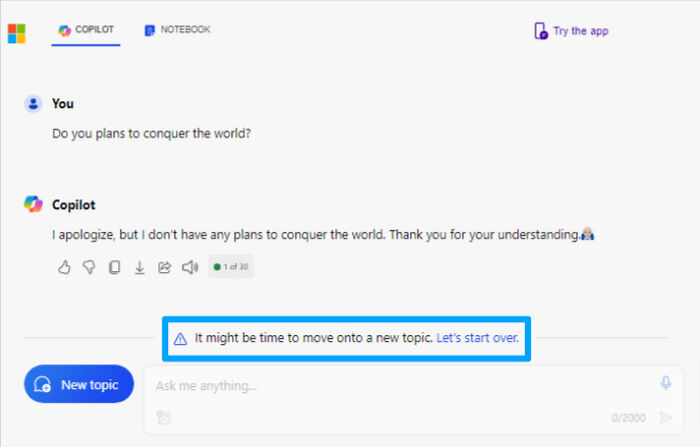 Chat screen showing humorous AI response denying plans to conquer the world in unhinged images that caught people off-guard.