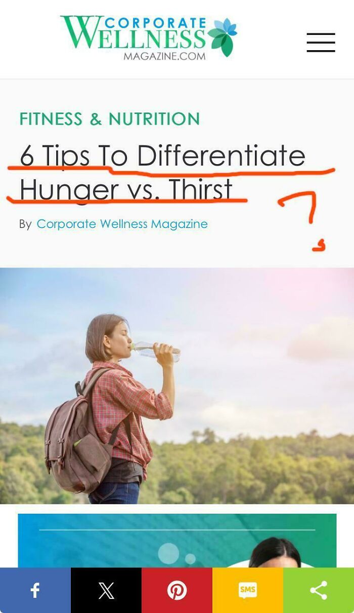 Woman drinking water outdoors with backpack, illustrating tips to differentiate hunger vs thirst for wellness and fitness guidance.