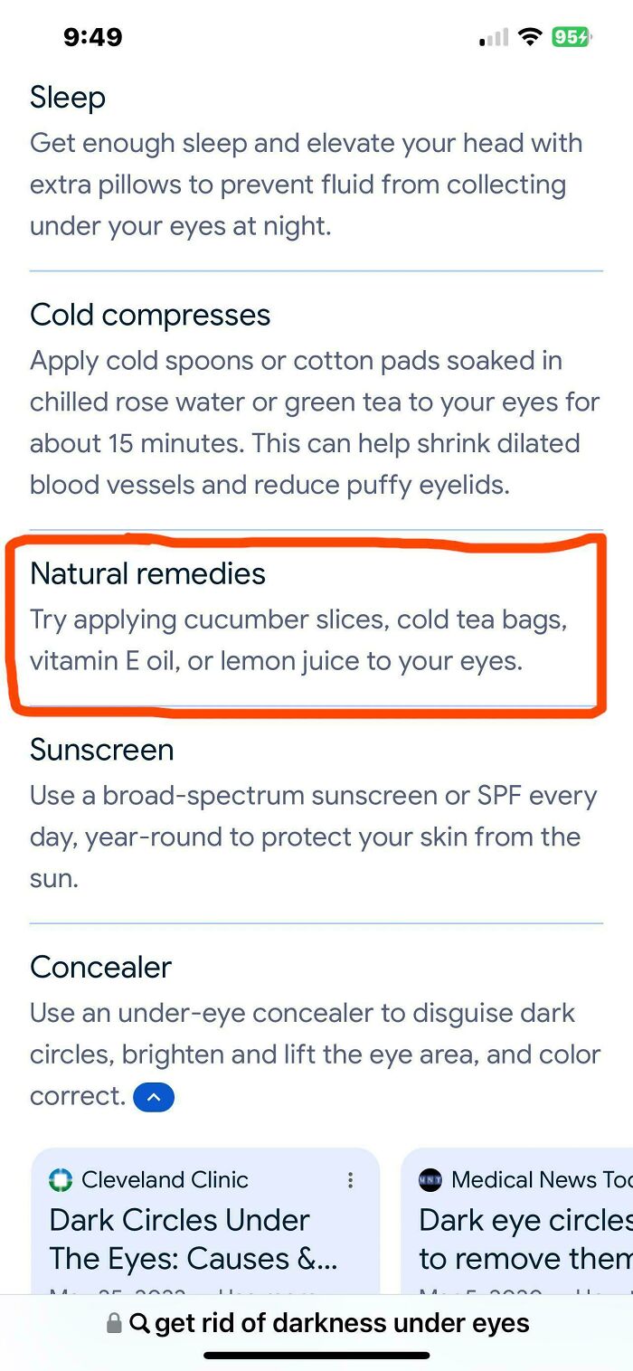 Text screenshot showing natural remedies for dark circles under eyes, highlighting cucumber slices, cold tea bags, vitamin E oil, and lemon juice.