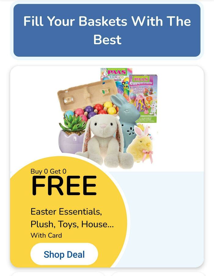 Easter basket filled with plush toys, colorful eggs, and experiment kits in a bright promotional layout.