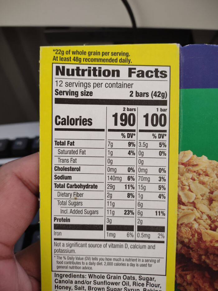 Nutrition facts label on snack bar packaging showing calories, fat, carbs, and protein in unhinged image.