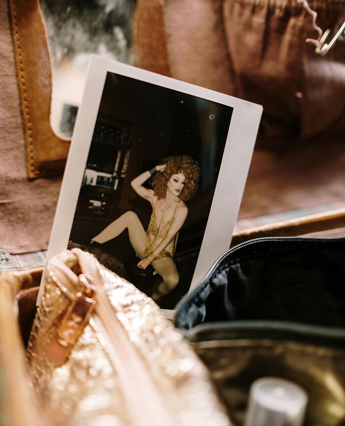 Polaroid photo of a person in glamorous attire on a table with bags, symbolizing hidden family secrets and stories.