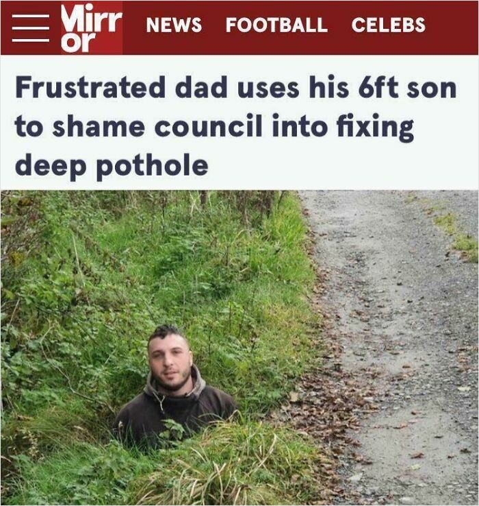Man standing in deep pothole surrounded by grass, illustrating wild incidents that made surprising headlines.
