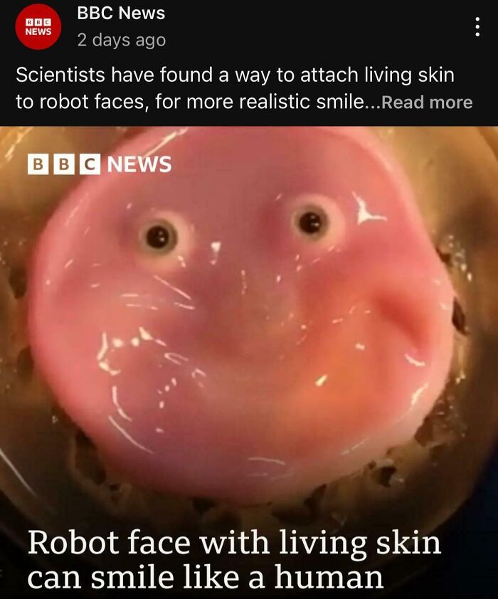 Robot face with living skin demonstrating a realistic smile, showcasing wild incidents that are hard to believe.