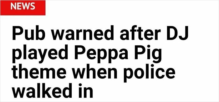 Headline about a pub warned after a DJ played Peppa Pig theme during a police walk-in, illustrating wild incidents making headlines.