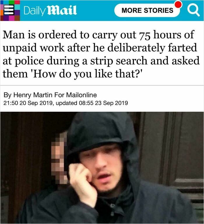 Man ordered to complete unpaid work after deliberately farting at police during strip search in wild incident headlines