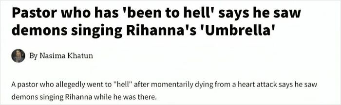 Screenshot of a news headline about a pastor claiming to see demons singing Rihanna’s Umbrella after a near-death experience.