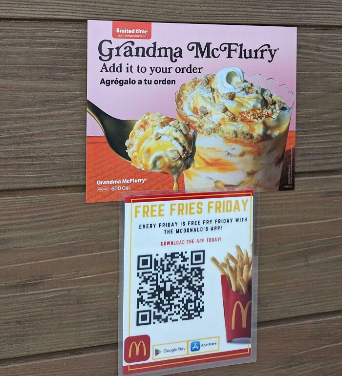 McDonald's Grandma McFlurry dessert and Free Fries Friday promotion with QR code on a wooden background.