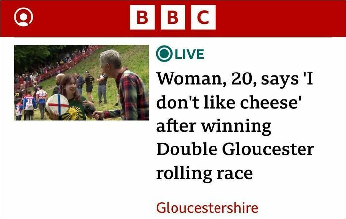 BBC news headline about a wild incident in Gloucestershire featuring a cheese rolling race winner refusing cheese.