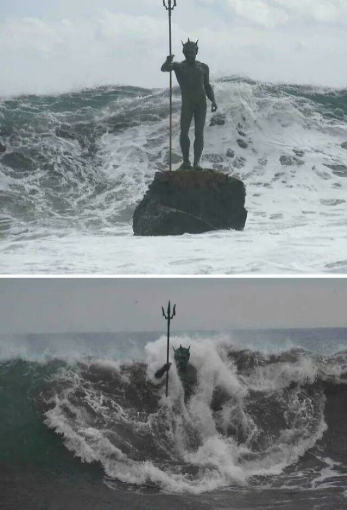 Amazing Photos: bronze Neptune statue on rock holding trident as towering waves crash around it in stormy ocean