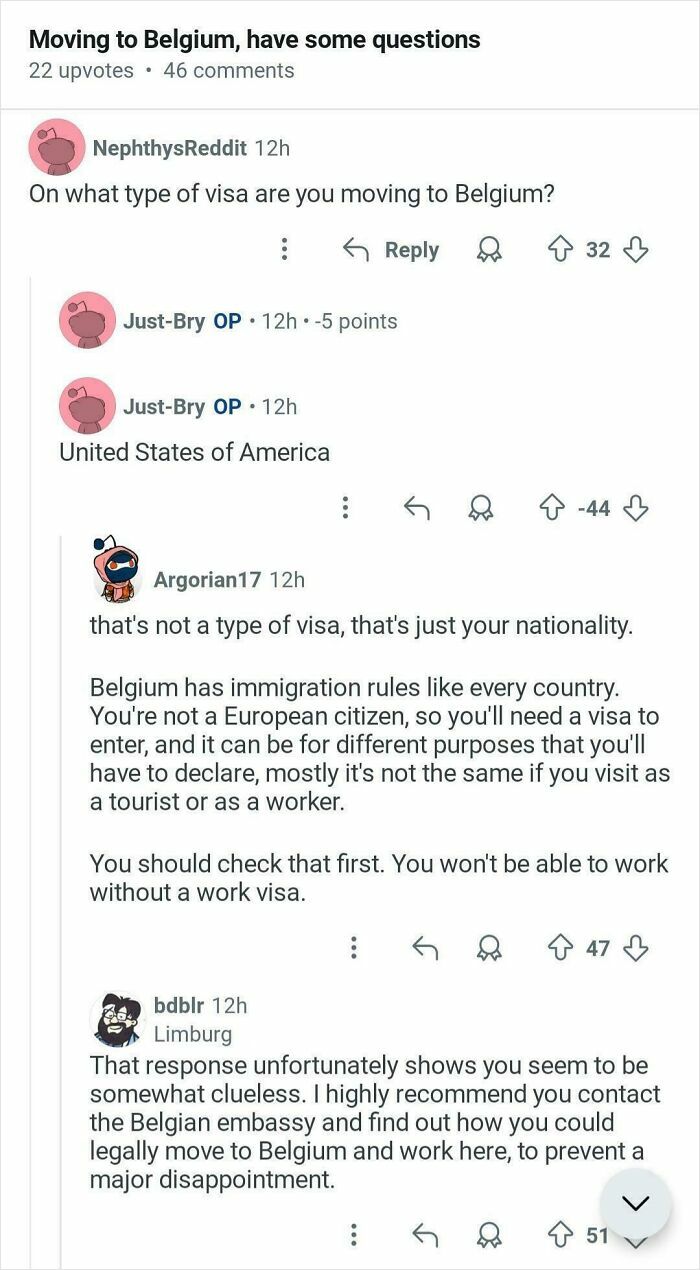 Reddit comments showing a ridiculous American misunderstanding visa types while discussing moving to Belgium.