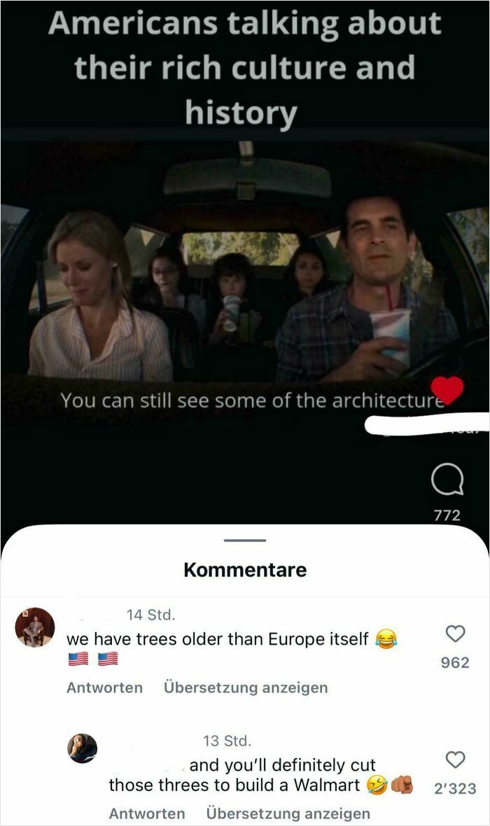 Family in a car meme with American internet comments about culture and history, illustrating ridiculous internet remarks.