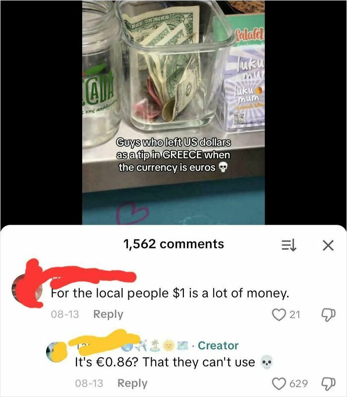 Tip jar with US dollars in Greece and a humorous American internet comment about currency mix-up.