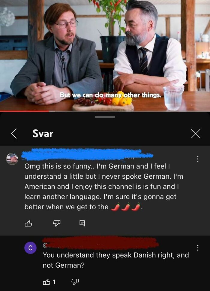 Two men at a table discussing while a humorous American internet comment about language mix-up is shown below.