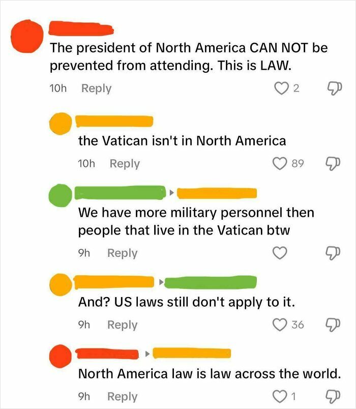 Ridiculous American internet comments arguing about North America law and the Vatican that deserved to get roasted.