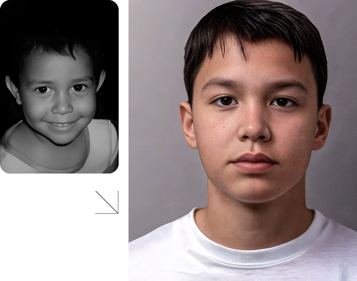 Before and after AI-generated age progression of a missing boy, illustrating how he might look today for finding efforts.