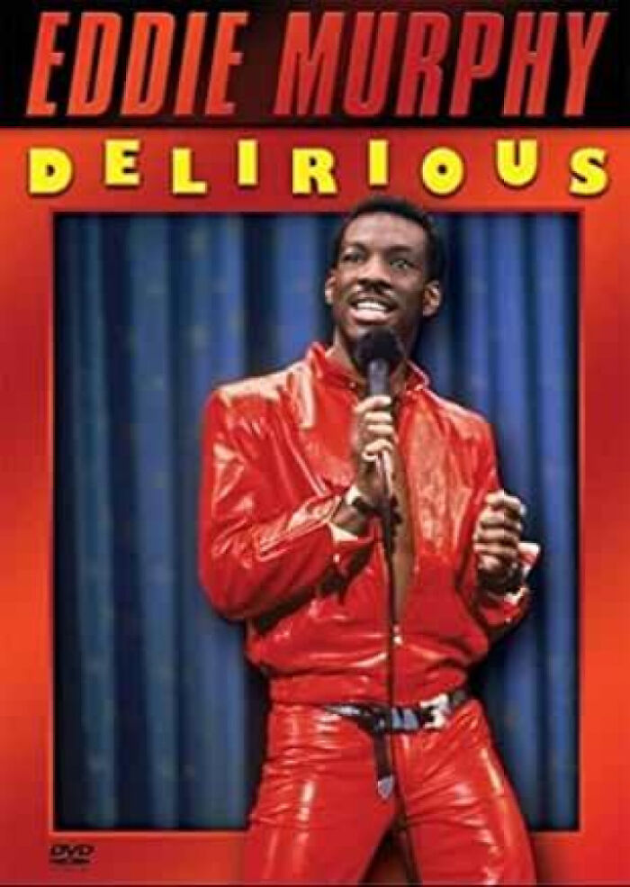 Eddie Murphy performing stand-up comedy in a red leather outfit, a classic image to make you feel old as heck.