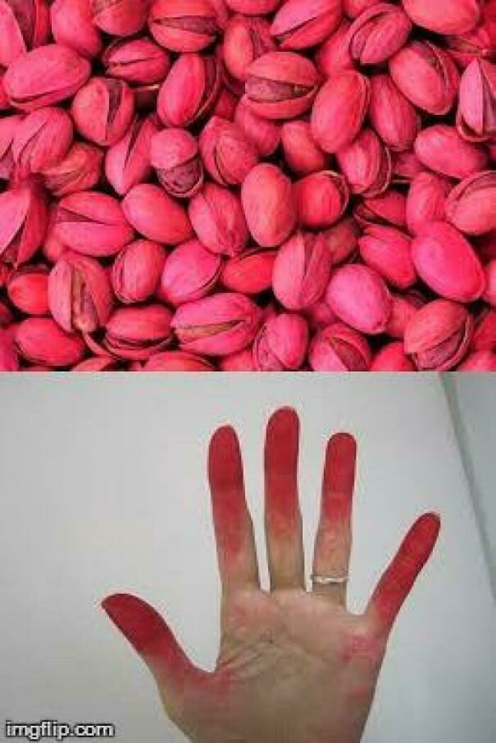 Close-up of red-colored pistachio shells and a hand stained red, illustrating posts to make you feel old as heck.