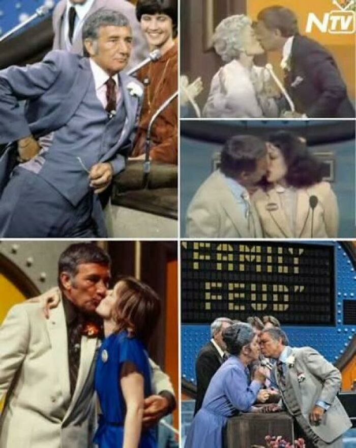 Montage of vintage game show moments featuring contestants and host sharing kisses, evoking nostalgia and feeling old.