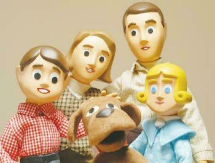 Retro claymation family and dog figures from vintage show, evoking nostalgia to make you feel old as heck.