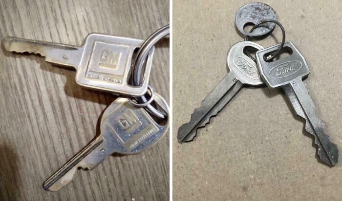 Two sets of vintage car keys featuring GM and Ford logos on wooden and concrete backgrounds, evoking nostalgia.