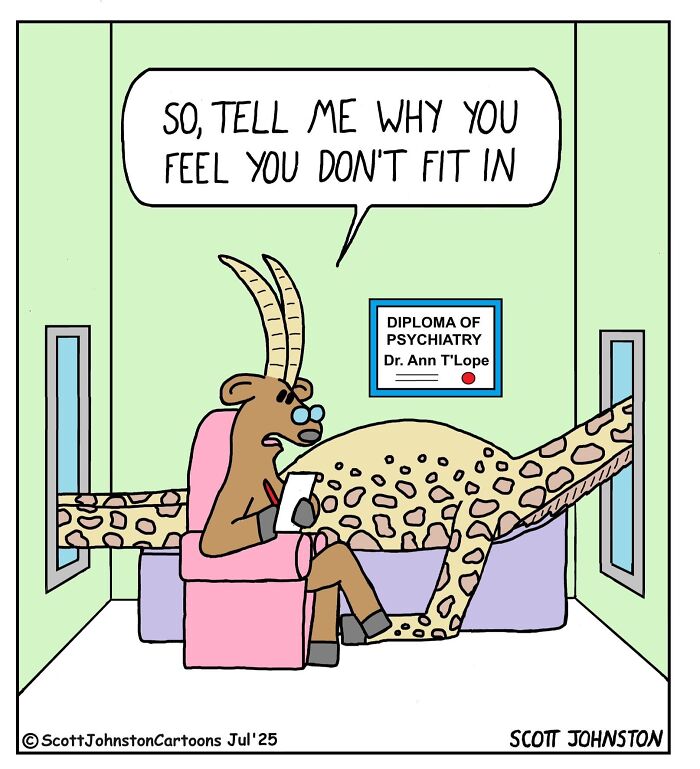 Anthropomorphic goat psychiatrist talking to a giraffe patient in a humorous comic by Scott Johnston.
