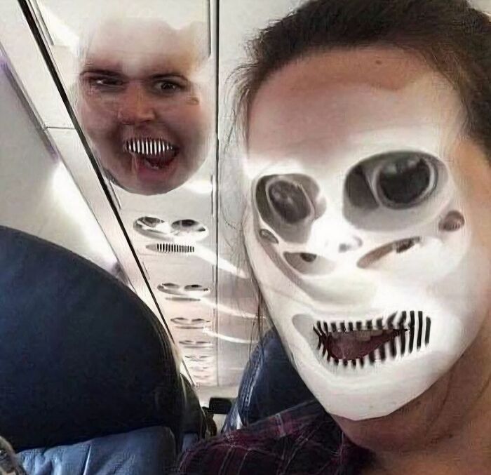 Two passengers on a plane with distorted creepy faces, showcasing random and cringe photos for unique humor fans.
