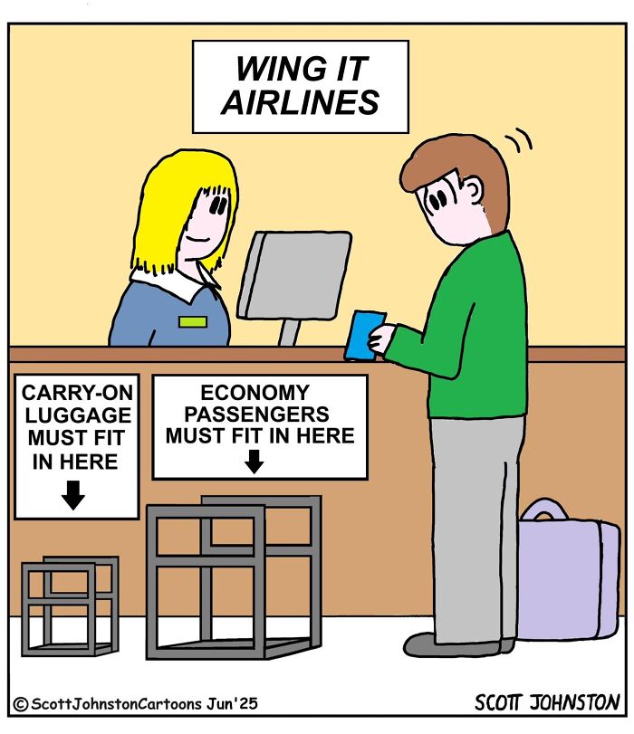 Cartoon of a passenger and airline worker at Wing It Airlines with signs about carry-on luggage and economy passenger size.