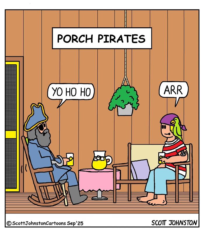 Cartoon of two humorous pirates drinking lemonade on a porch, part of Scott Johnston’s latest humorous comics series.