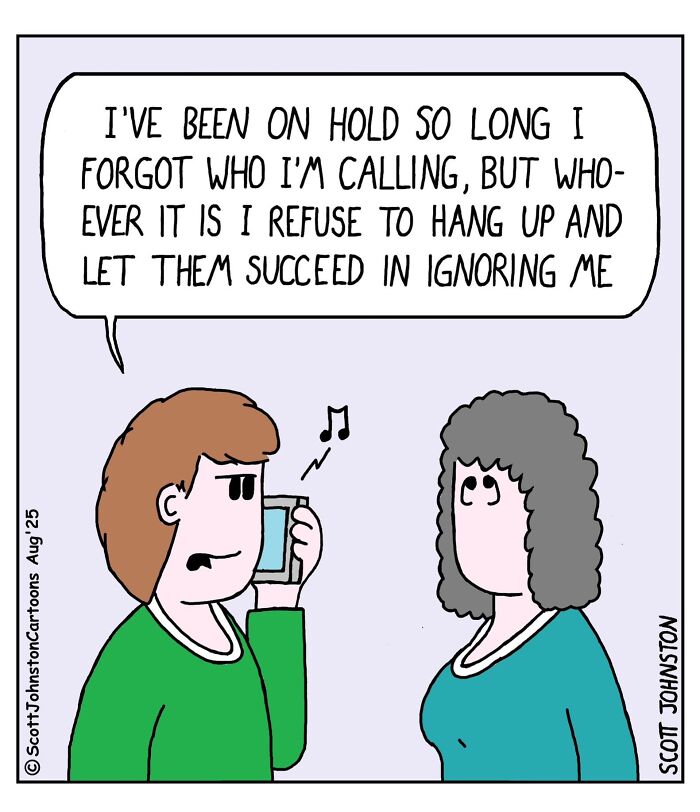 Cartoon of two people with one person on hold, illustrating humor in Scott Johnston’s latest comic series.