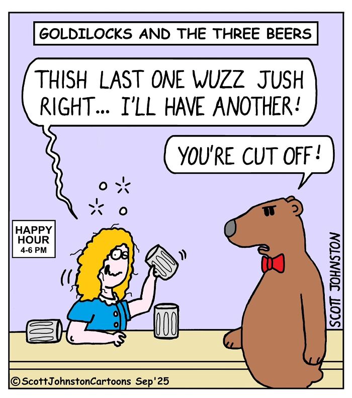 Cartoon of a woman and a bear at a bar during happy hour, part of Scott Johnston’s latest humorous comics collection.