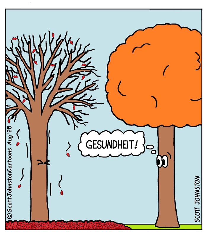 Humorous comic by Scott Johnston showing an orange tree saying Gesundheit to a sneezing bare tree in autumn.