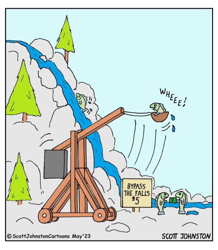 Fish using a catapult to bypass waterfalls in a humorous comic by Scott Johnston, bright colors with trees and rocks.