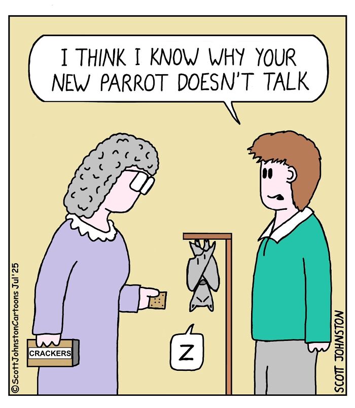 Humorous comic by Scott Johnston showing a woman holding crackers and a man next to a stuffed silent parrot.