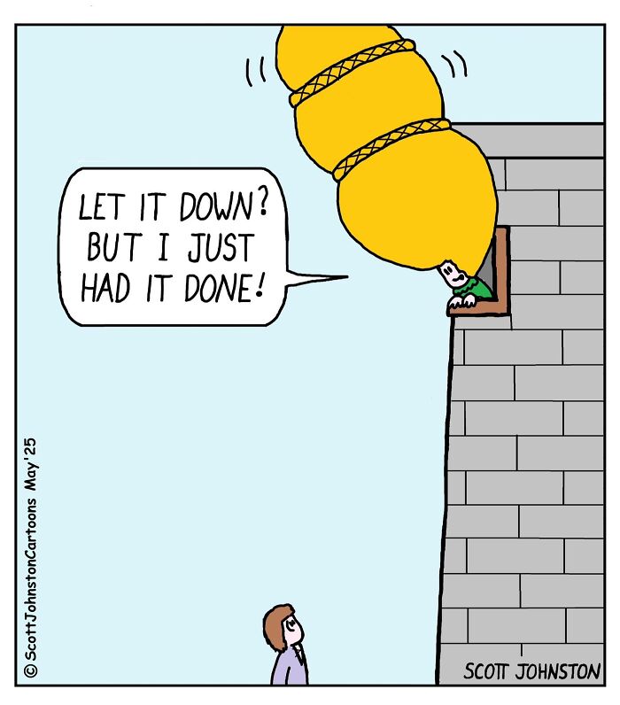 Humorous comic by Scott Johnston showing a person tangled in a giant hairdo with a funny speech bubble.