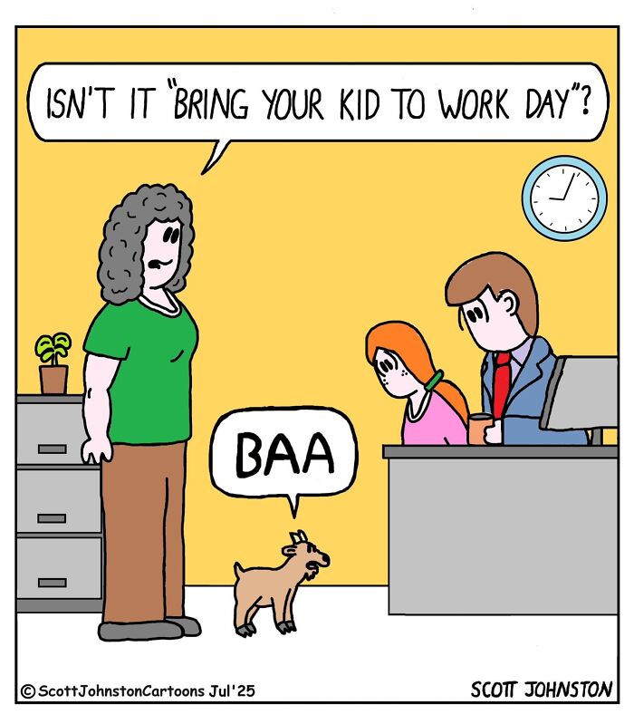 Comic by Scott Johnston showing a humorous office scene with a goat brought to work on bring your kid to work day.