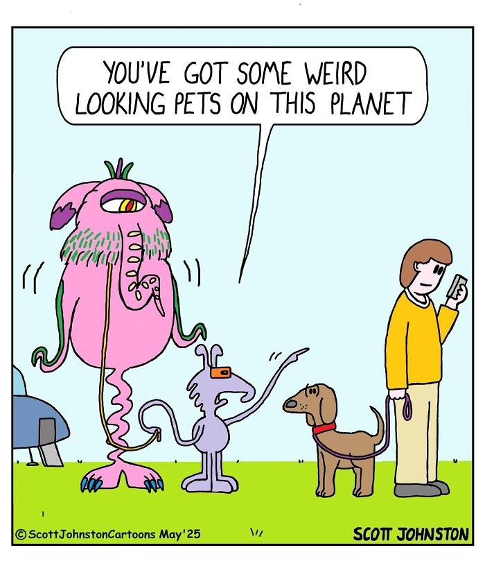 Alien pet beside human and dog with person using a phone in humorous Scott Johnston comics style.