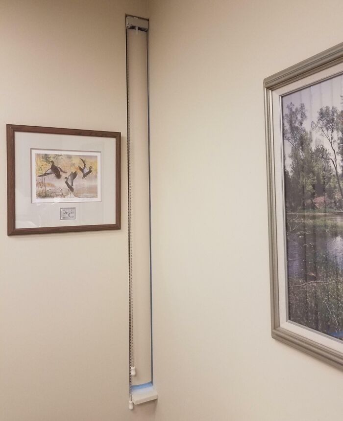 Narrow window blind with chain installed between two framed pictures illustrating dumb design decisions by designers.